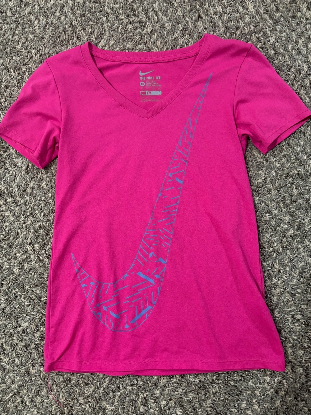 Nike Women’s Hot Pink V-Neck Tee with Blue Swoosh